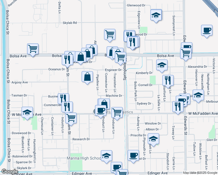 map of restaurants, bars, coffee shops, grocery stores, and more near 15262 Connector Lane in Huntington Beach