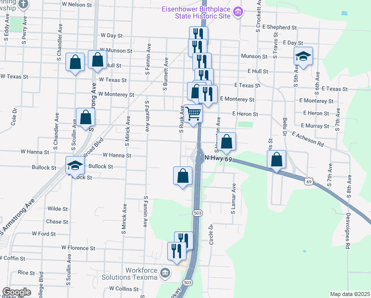map of restaurants, bars, coffee shops, grocery stores, and more near 223 West Acheson Street in Denison
