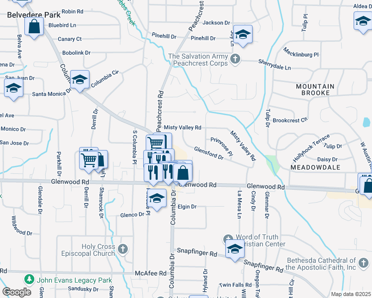 map of restaurants, bars, coffee shops, grocery stores, and more near 3409 Glensford Drive in Decatur