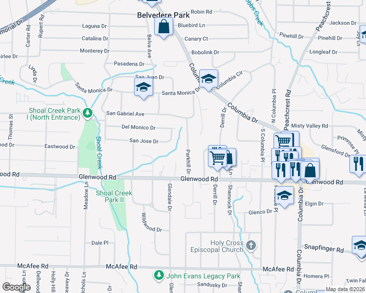map of restaurants, bars, coffee shops, grocery stores, and more near 1753 Parkhill Drive in Decatur