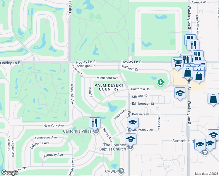 map of restaurants, bars, coffee shops, grocery stores, and more near 77326 Missouri Drive in Palm Desert