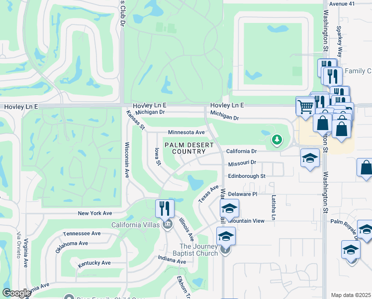 map of restaurants, bars, coffee shops, grocery stores, and more near 77318 Missouri Drive in Palm Desert