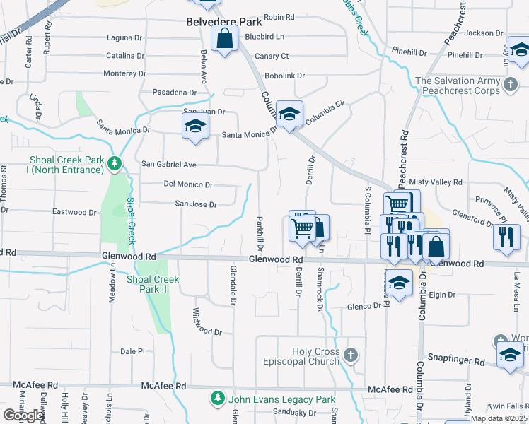 map of restaurants, bars, coffee shops, grocery stores, and more near 1720 Parkhill Drive in Decatur