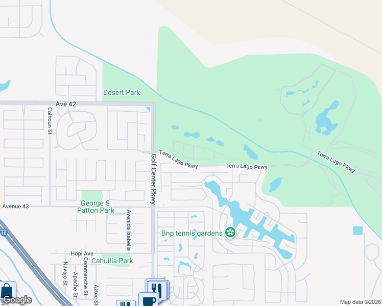 map of restaurants, bars, coffee shops, grocery stores, and more near 42501 Solicio Way in Indio