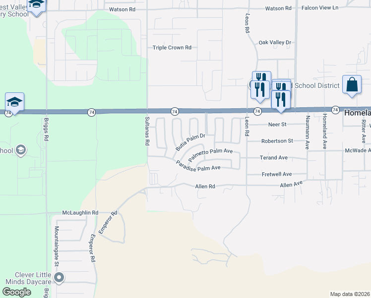 map of restaurants, bars, coffee shops, grocery stores, and more near 30674 Arenga Palm Drive in Homeland