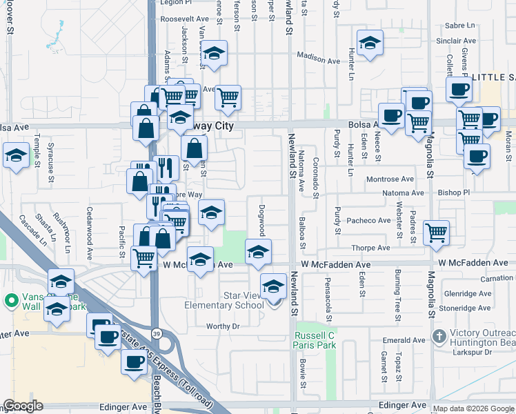 map of restaurants, bars, coffee shops, grocery stores, and more near 15281 Dogwood Street in Westminster