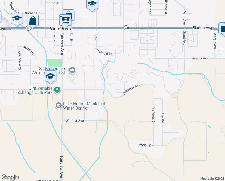 map of restaurants, bars, coffee shops, grocery stores, and more near 44370 Mayberry Avenue in Hemet