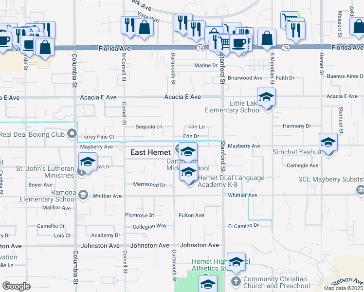 map of restaurants, bars, coffee shops, grocery stores, and more near 41535 Mayberry Avenue in Hemet