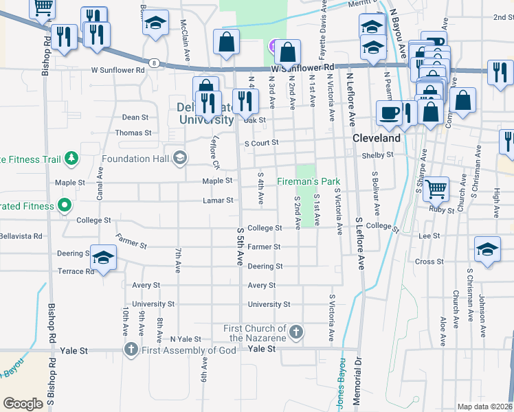 map of restaurants, bars, coffee shops, grocery stores, and more near 301-399 S 4th Ave in Cleveland