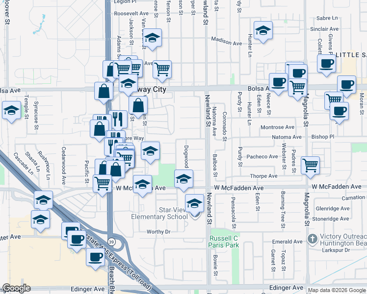 map of restaurants, bars, coffee shops, grocery stores, and more near 15281 Dogwood Street in Westminster