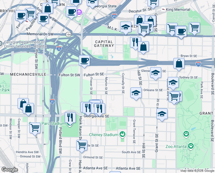 map of restaurants, bars, coffee shops, grocery stores, and more near 518 Martin Street Southeast in Atlanta