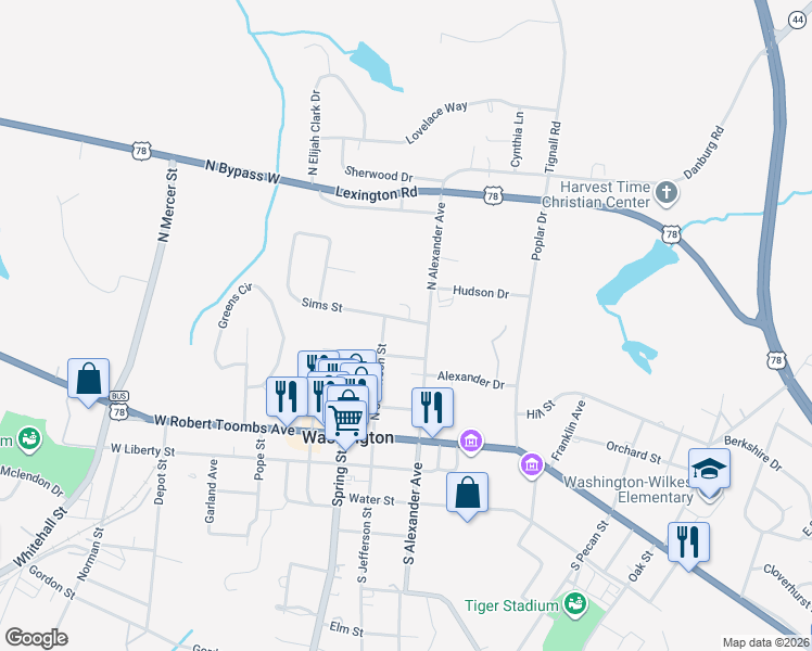 map of restaurants, bars, coffee shops, grocery stores, and more near 105 Sims Street in Washington