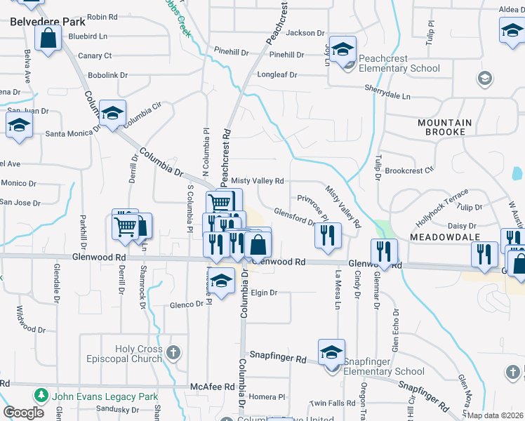 map of restaurants, bars, coffee shops, grocery stores, and more near 3408 Glensford Drive in Decatur