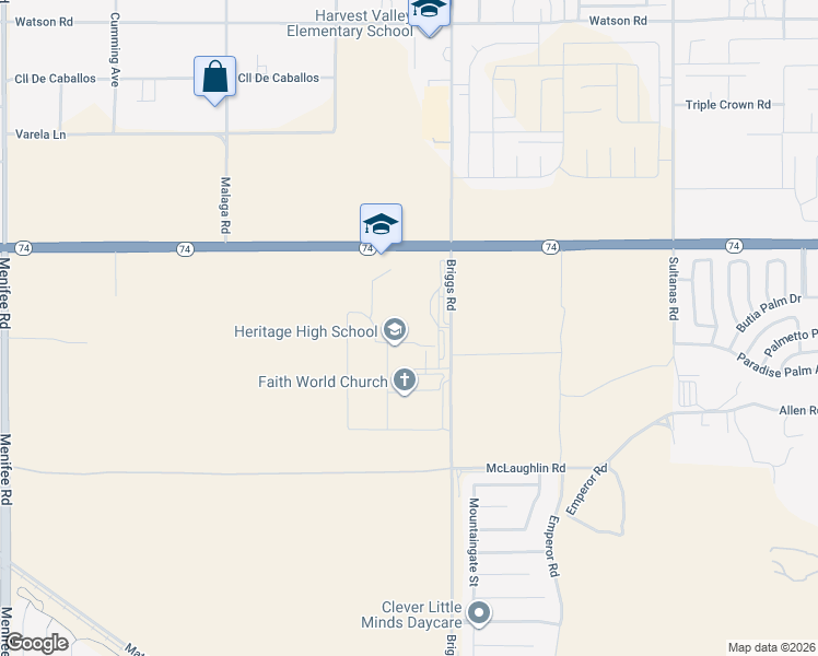 map of restaurants, bars, coffee shops, grocery stores, and more near 26001 Briggs Road in Menifee