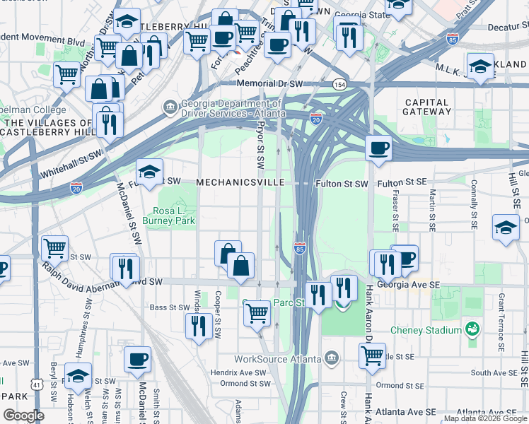 map of restaurants, bars, coffee shops, grocery stores, and more near 509 Pryor Street Southwest in Atlanta