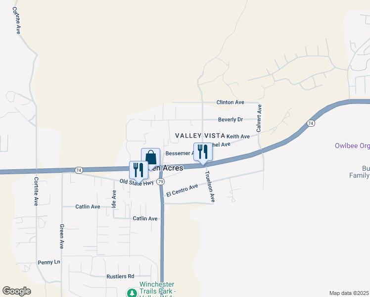 map of restaurants, bars, coffee shops, grocery stores, and more near 33620 Bessemer Avenue in Hemet