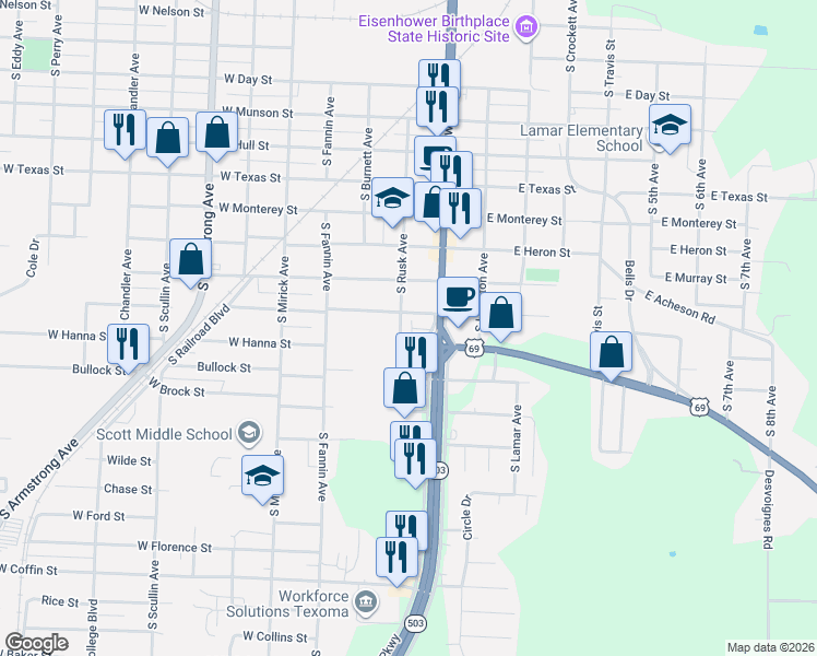 map of restaurants, bars, coffee shops, grocery stores, and more near 223 West Acheson Street in Denison