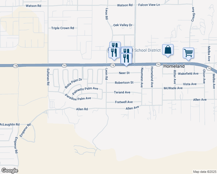 map of restaurants, bars, coffee shops, grocery stores, and more near 26170 Leon Road in Homeland