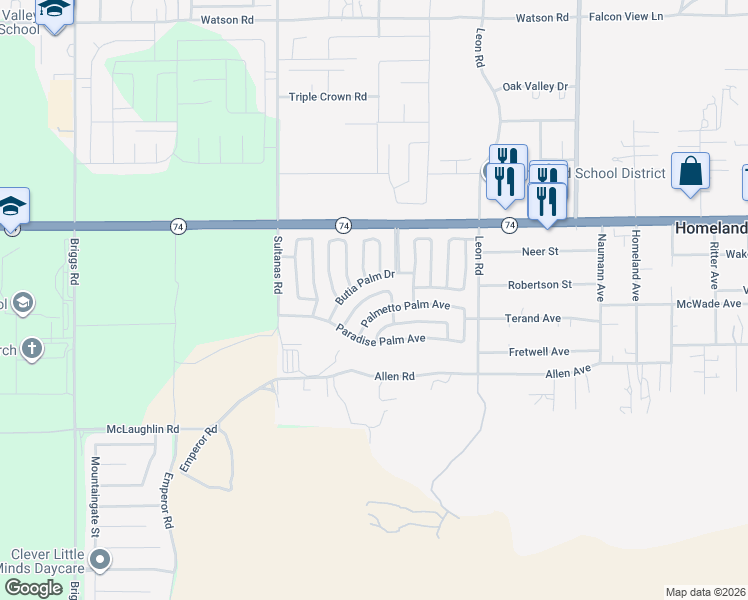 map of restaurants, bars, coffee shops, grocery stores, and more near 30715 Arenga Palm Drive in Homeland