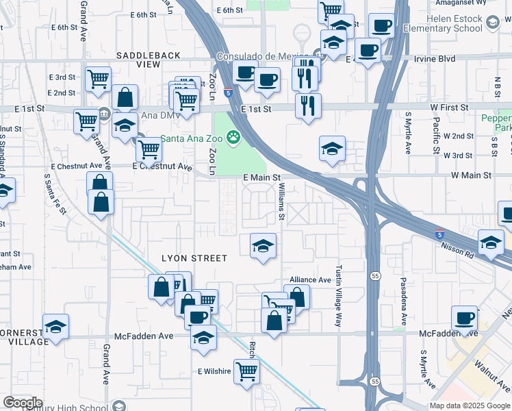 map of restaurants, bars, coffee shops, grocery stores, and more near 153 Sereno in Tustin