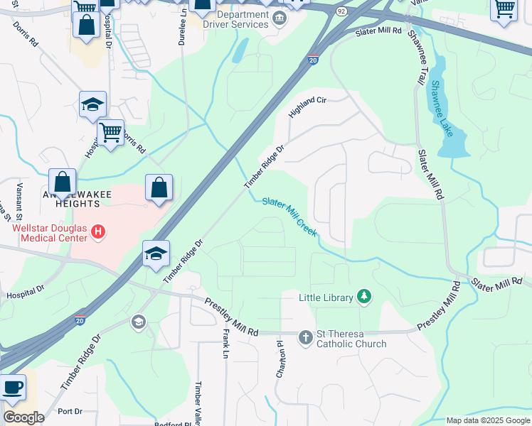 map of restaurants, bars, coffee shops, grocery stores, and more near 2493 Cotton Lane in Douglasville