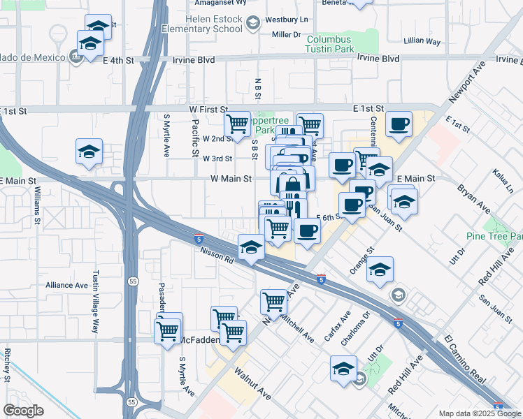 map of restaurants, bars, coffee shops, grocery stores, and more near 300 South C Street in Tustin