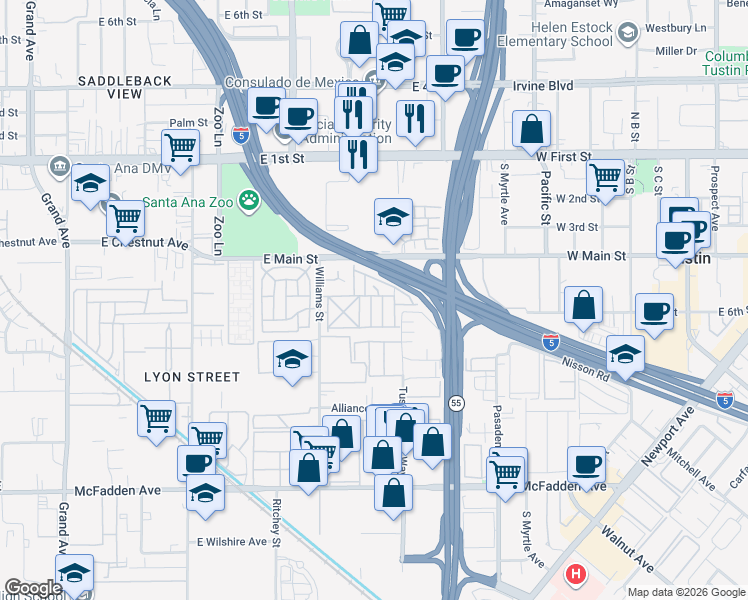 map of restaurants, bars, coffee shops, grocery stores, and more near 129 Colombo Lane in Tustin
