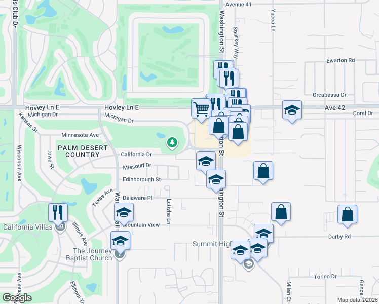 map of restaurants, bars, coffee shops, grocery stores, and more near 77800 California Drive in Palm Desert