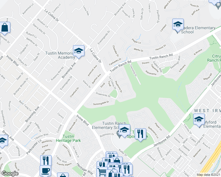map of restaurants, bars, coffee shops, grocery stores, and more near 2341 Tryall in Tustin