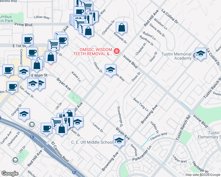 map of restaurants, bars, coffee shops, grocery stores, and more near 13241 Woodland Drive in Tustin