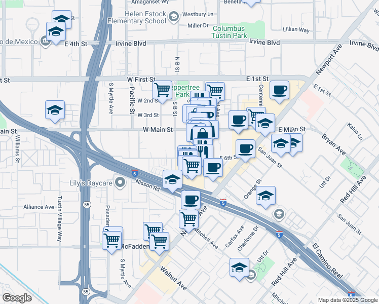 map of restaurants, bars, coffee shops, grocery stores, and more near 300 South C Street in Tustin