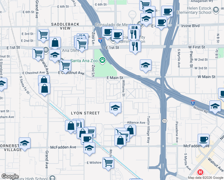 map of restaurants, bars, coffee shops, grocery stores, and more near 153 Sereno in Tustin