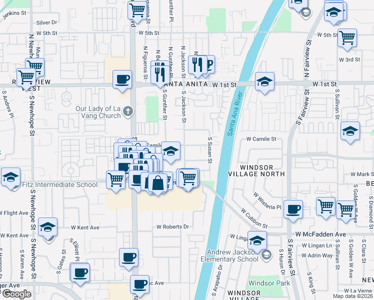 map of restaurants, bars, coffee shops, grocery stores, and more near 3409 West Camile Street in Santa Ana