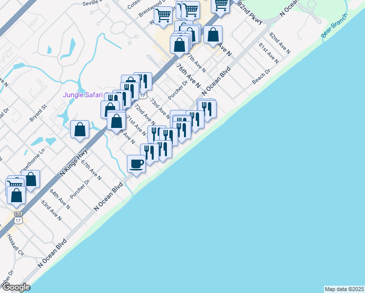map of restaurants, bars, coffee shops, grocery stores, and more near 315 Shuffleboard Court in Myrtle Beach