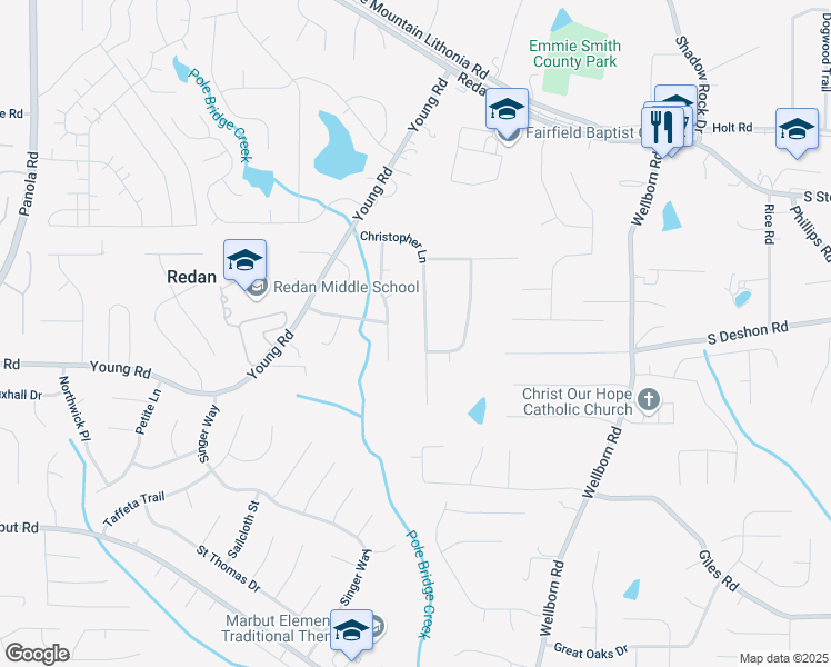 map of restaurants, bars, coffee shops, grocery stores, and more near 5911 Christopher Lane in Lithonia