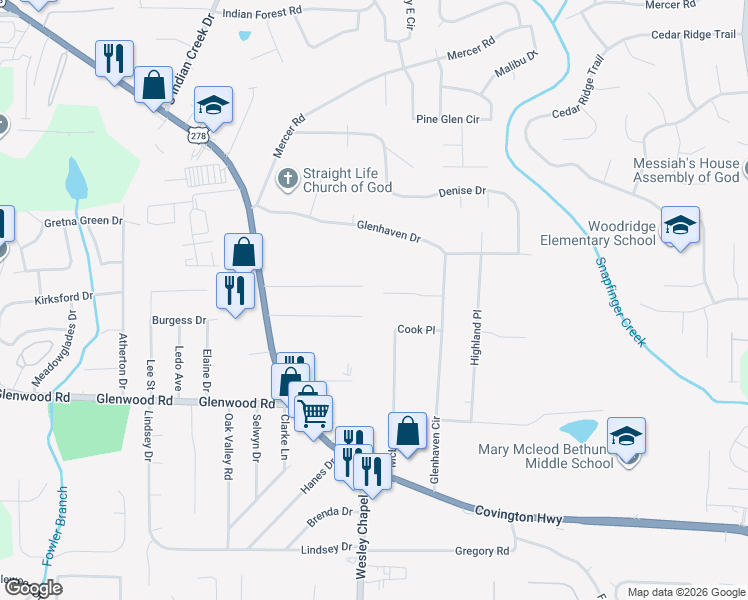 map of restaurants, bars, coffee shops, grocery stores, and more near 4312 Christine Court in Decatur