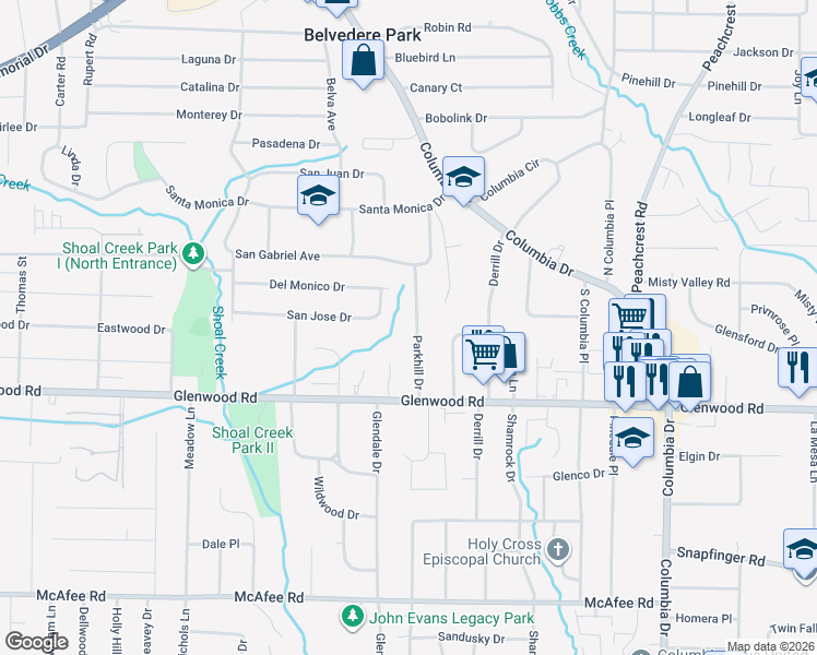 map of restaurants, bars, coffee shops, grocery stores, and more near 1753 Parkhill Drive in Decatur