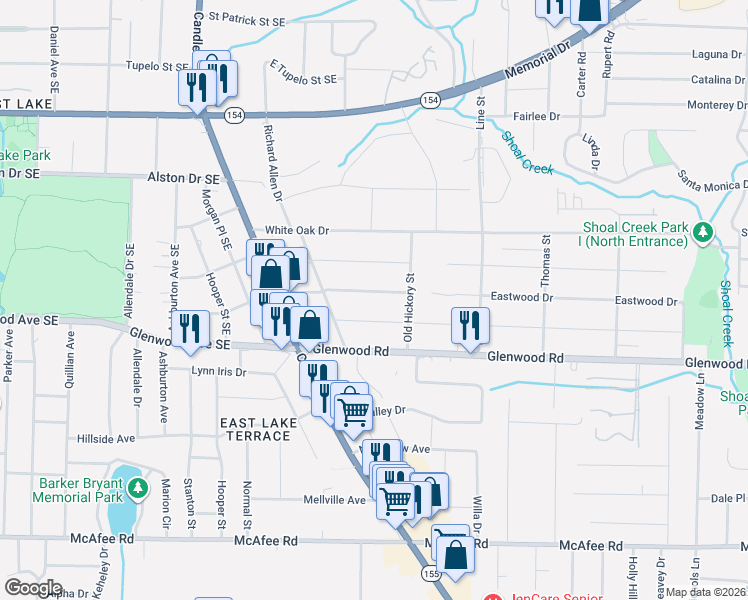 map of restaurants, bars, coffee shops, grocery stores, and more near 2566 Eastwood Drive in Decatur