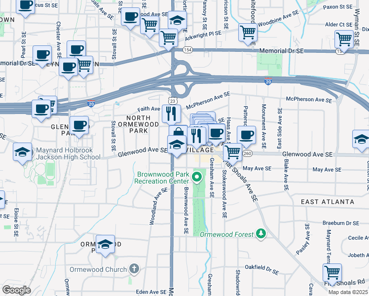 map of restaurants, bars, coffee shops, grocery stores, and more near 1205 Metropolitan Avenue Southeast in Atlanta