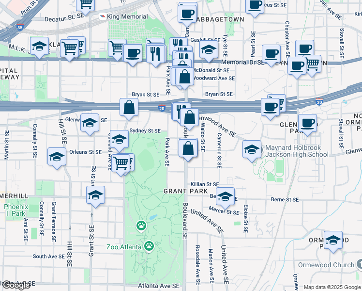 map of restaurants, bars, coffee shops, grocery stores, and more near 513 Boulevard Southeast in Atlanta