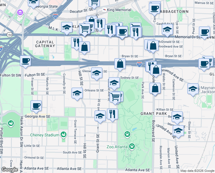 map of restaurants, bars, coffee shops, grocery stores, and more near 513 Oakland Avenue Southeast in Atlanta