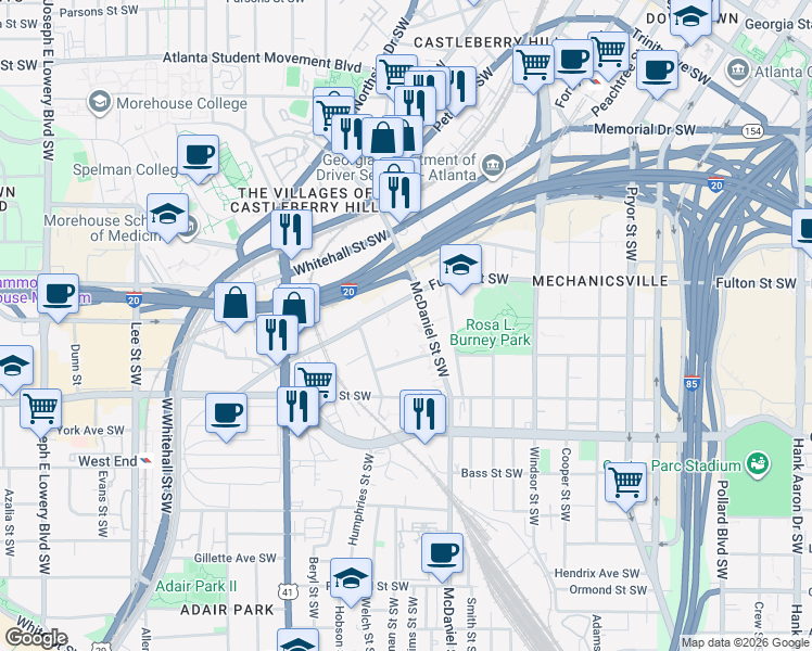 map of restaurants, bars, coffee shops, grocery stores, and more near 555 McDaniel Street Southwest in Atlanta