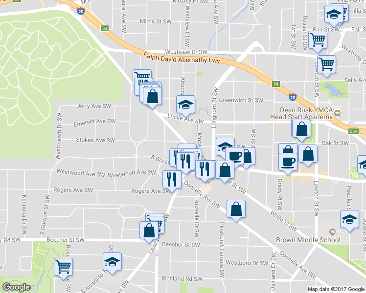 map of restaurants, bars, coffee shops, grocery stores, and more near 1427 Ralph David Abernathy Boulevard Southwest in Atlanta