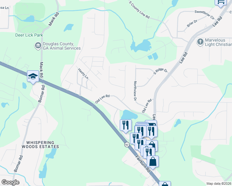 map of restaurants, bars, coffee shops, grocery stores, and more near 2891 Bottle Brush Drive in Lithia Springs