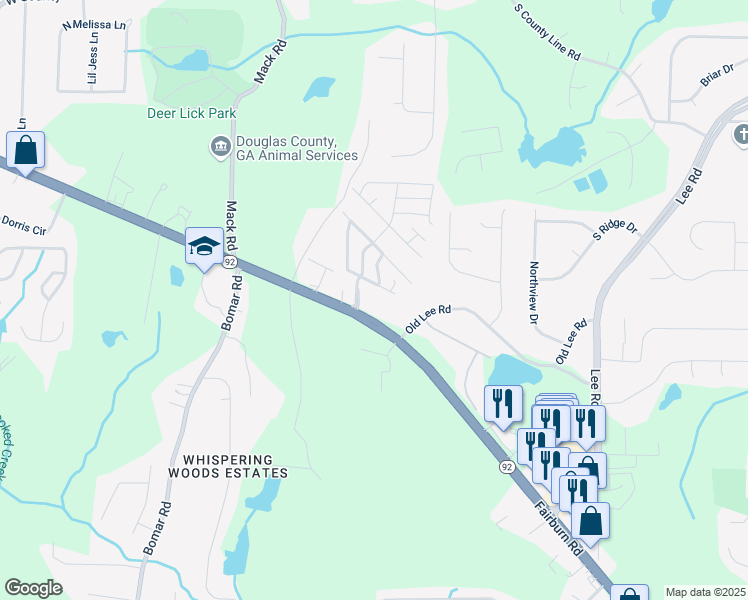 map of restaurants, bars, coffee shops, grocery stores, and more near Stuart Ln in Douglasville