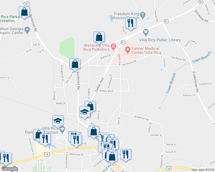 map of restaurants, bars, coffee shops, grocery stores, and more near 408 Northside Drive in Villa Rica