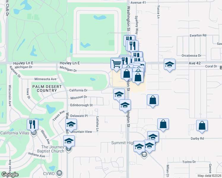map of restaurants, bars, coffee shops, grocery stores, and more near 77835 California Drive in Palm Desert
