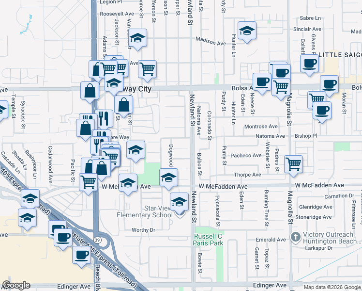 map of restaurants, bars, coffee shops, grocery stores, and more near 8451 Greasewood Circle in Westminster