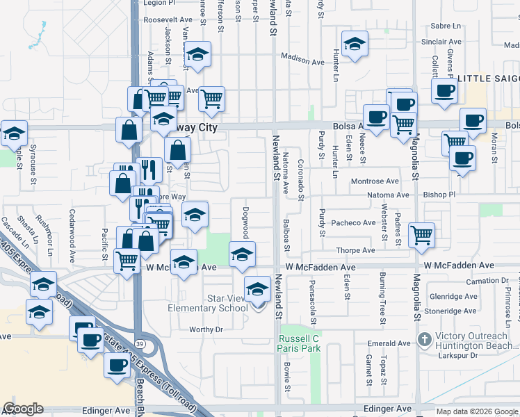 map of restaurants, bars, coffee shops, grocery stores, and more near 8451 Greasewood Circle in Westminster