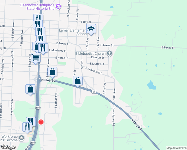 map of restaurants, bars, coffee shops, grocery stores, and more near 522 East Acheson Road in Denison
